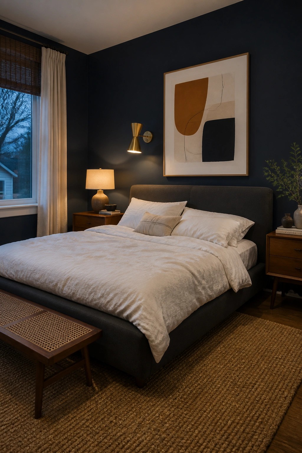 A bedroom featuring deep navy walls with a bed dressed in white linens.