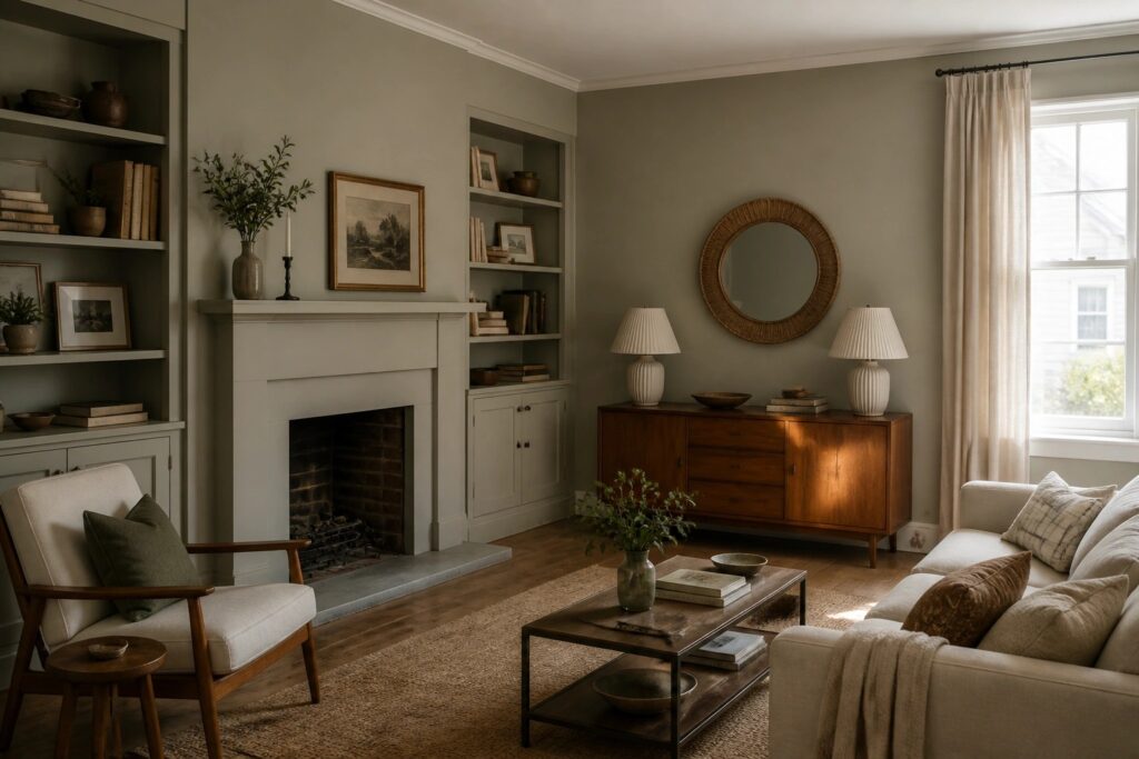21 Smart Interior Paint Colors for Updating Dated Rooms Without a Full Remodel A living room with soft greige walls and a white fireplace mantel.