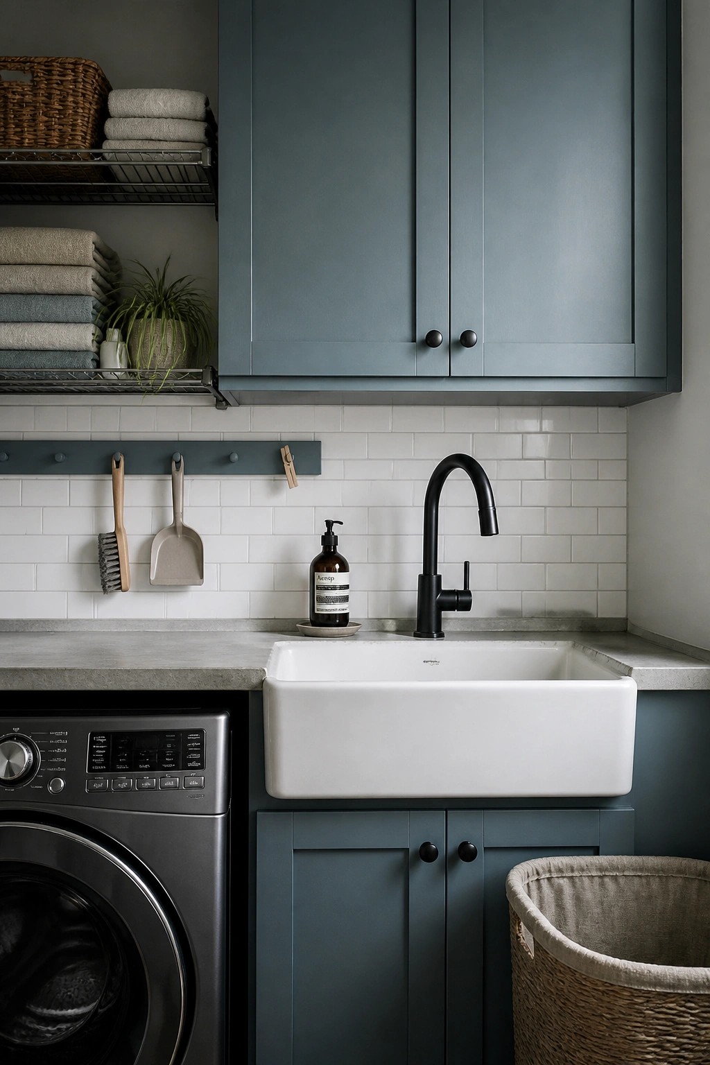Blue gray cabinets surround a white farmhouse sink in a laundry room.
