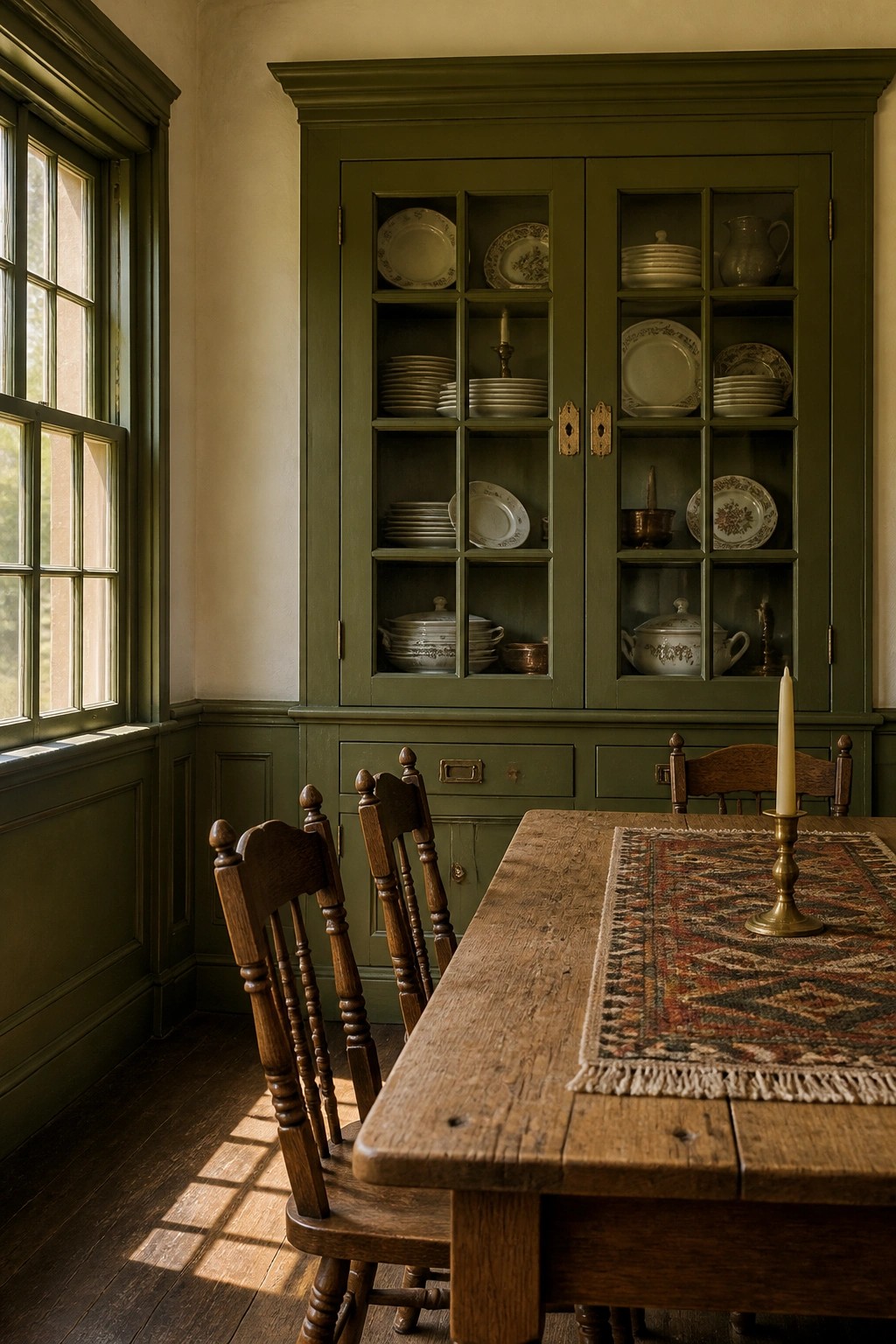 A muted green painted hutch and paneling in a dining room with a wooden table.