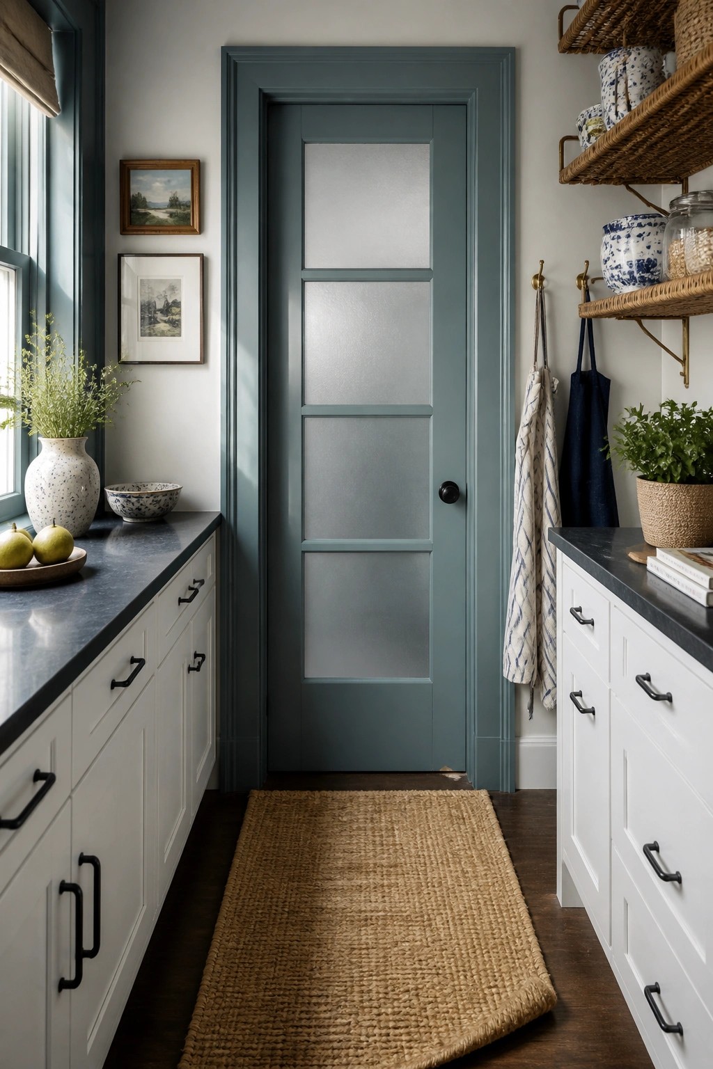 A muted teal door stands between white cabinets in a kitchen.