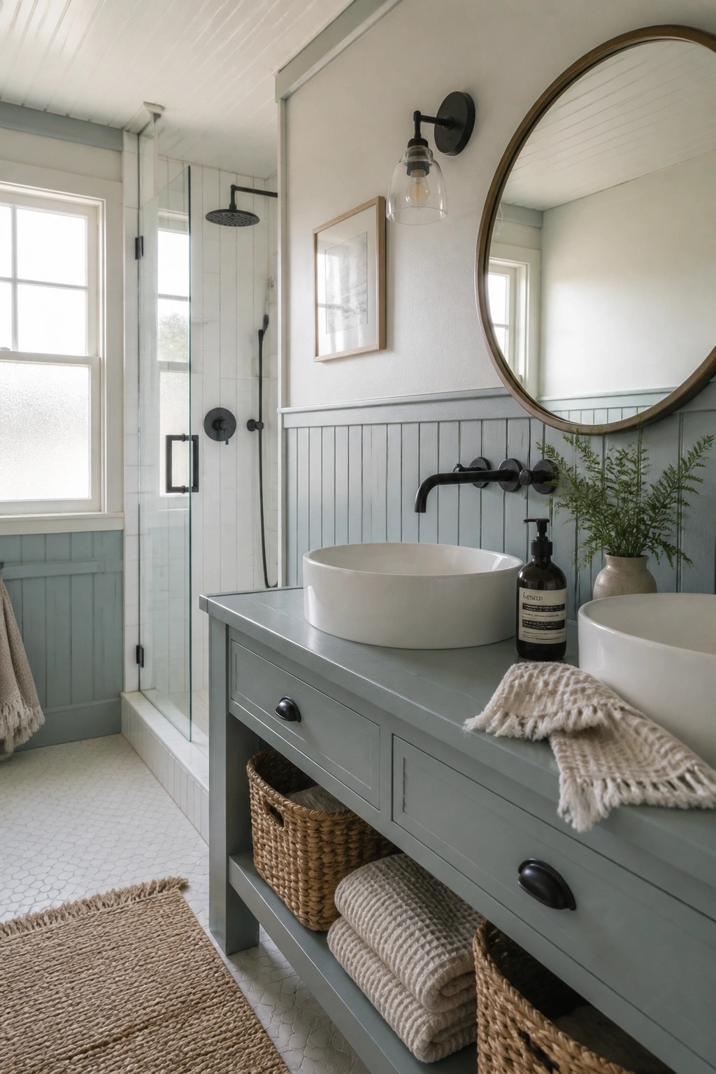 Bathroom vanity and wainscoting painted in a soft blue gray with white vessel sinks.