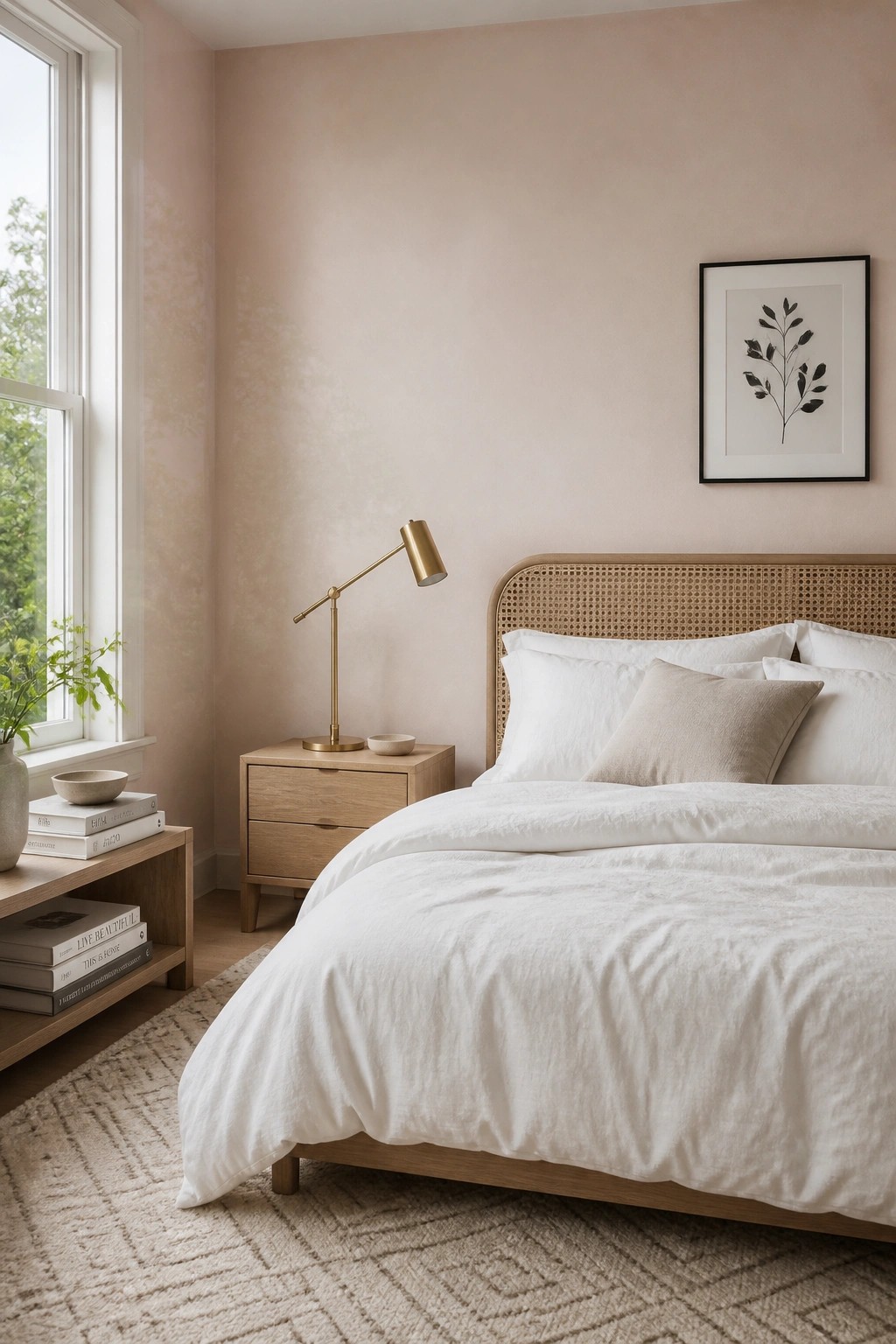A bedroom with soft blush beige walls and light wood furniture.
