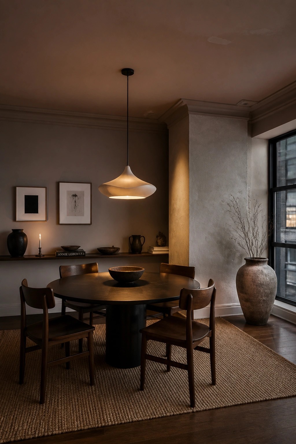 Dining room with warm greige walls and a round dark wood table.
