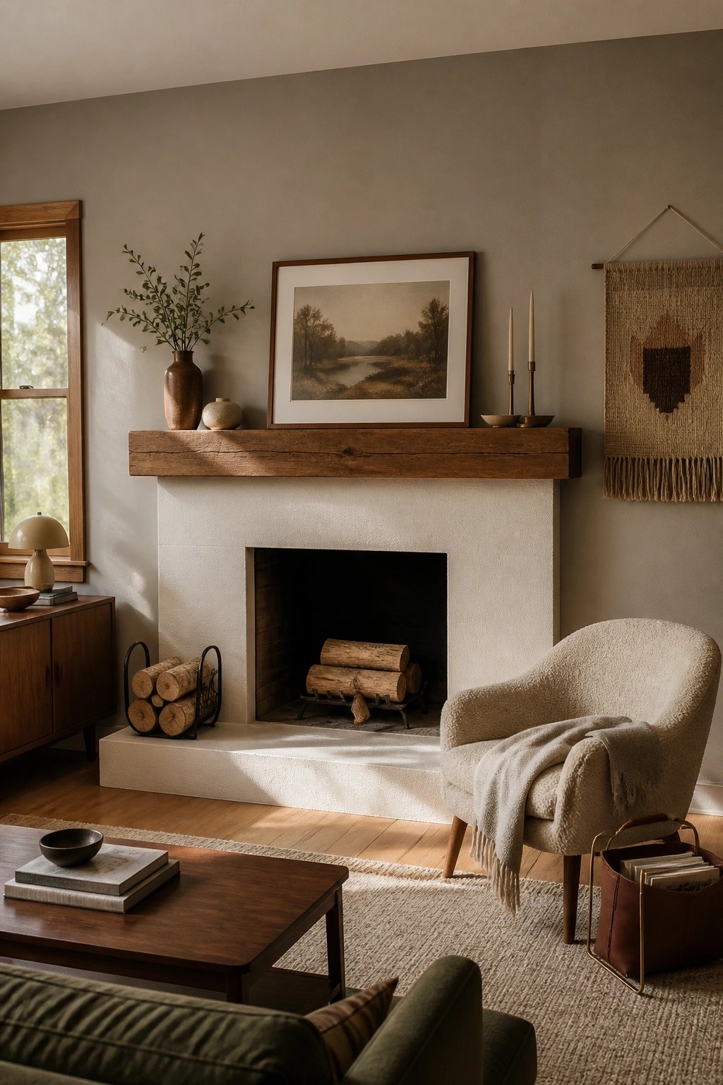 Living room walls painted in a soft warm greige with a white plaster fireplace.