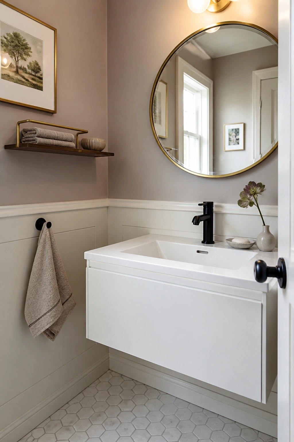 Soft greige walls above white wainscoting in a bathroom with a floating vanity.