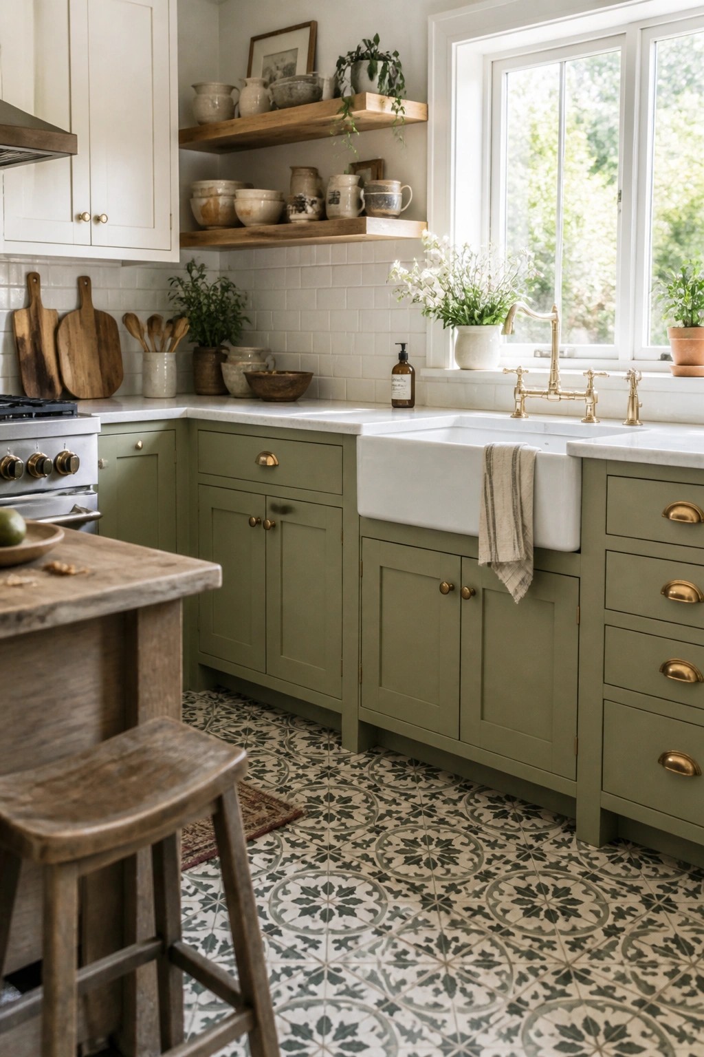 Green kitchen cabinets painted in a soft sage shade with white counters and a farmhouse sink.