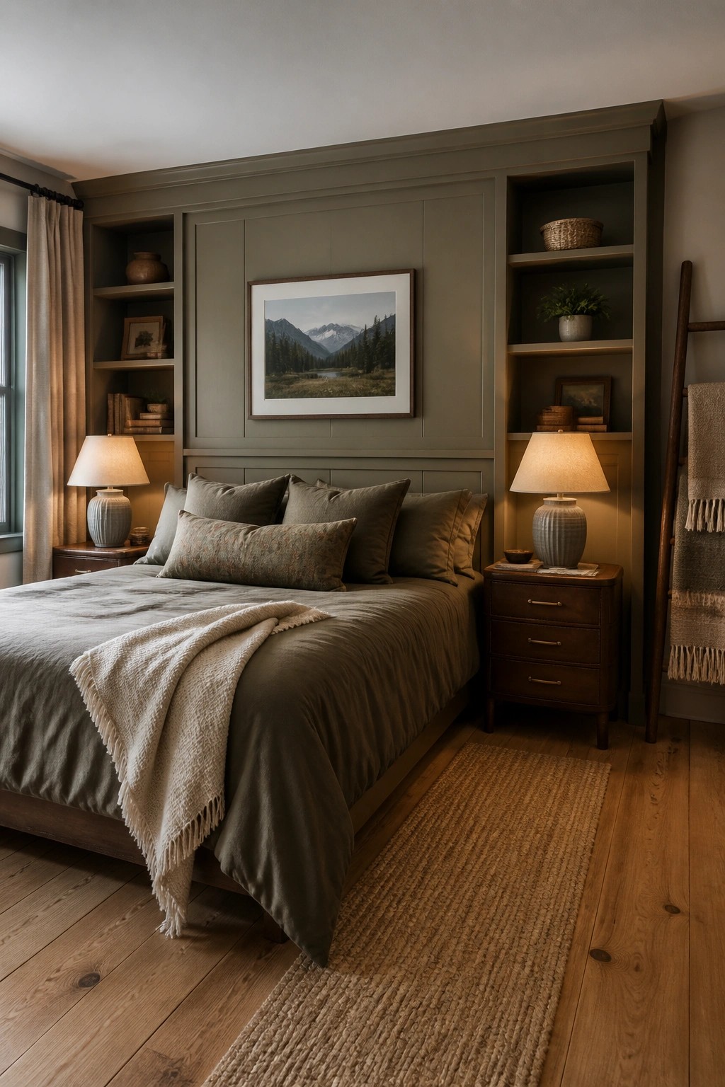 A bedroom featuring built-in wall cabinetry painted in a muted sage green.
