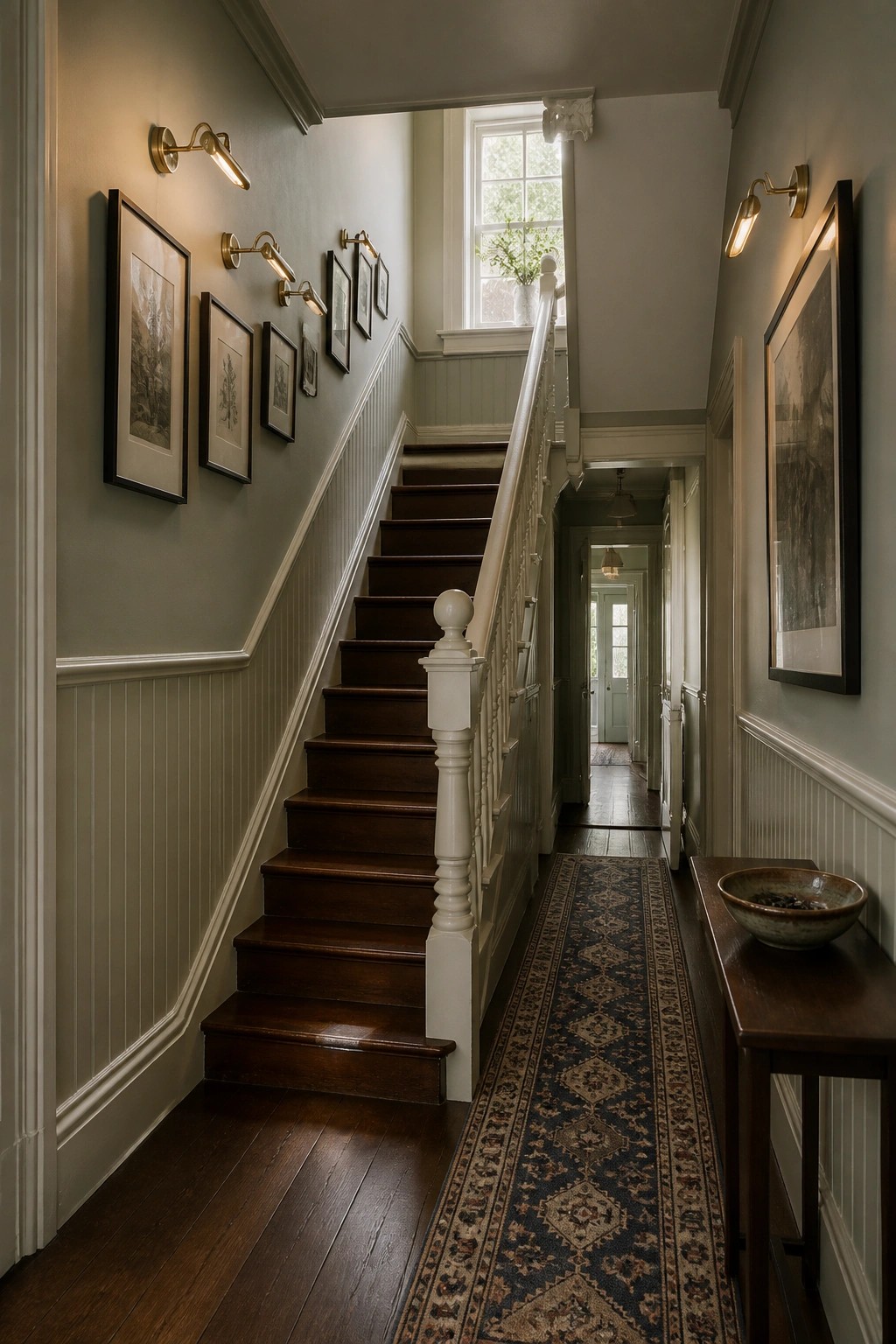 A stairwell with soft sage green walls above white beadboard.