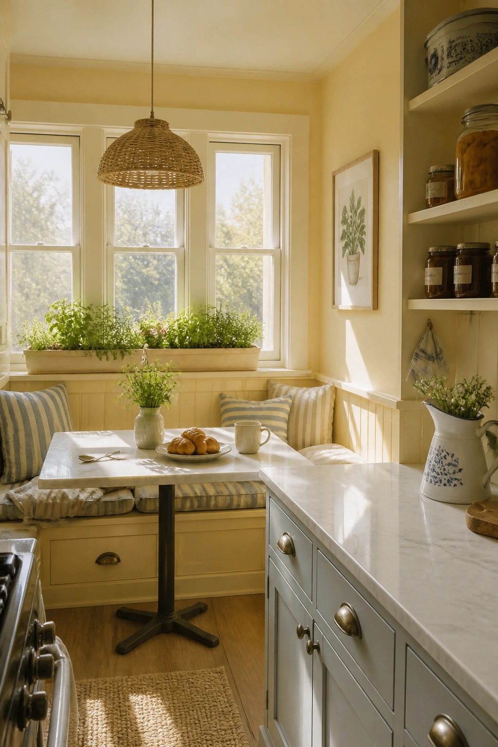 A kitchen corner with soft yellow walls and white trim around the windows.