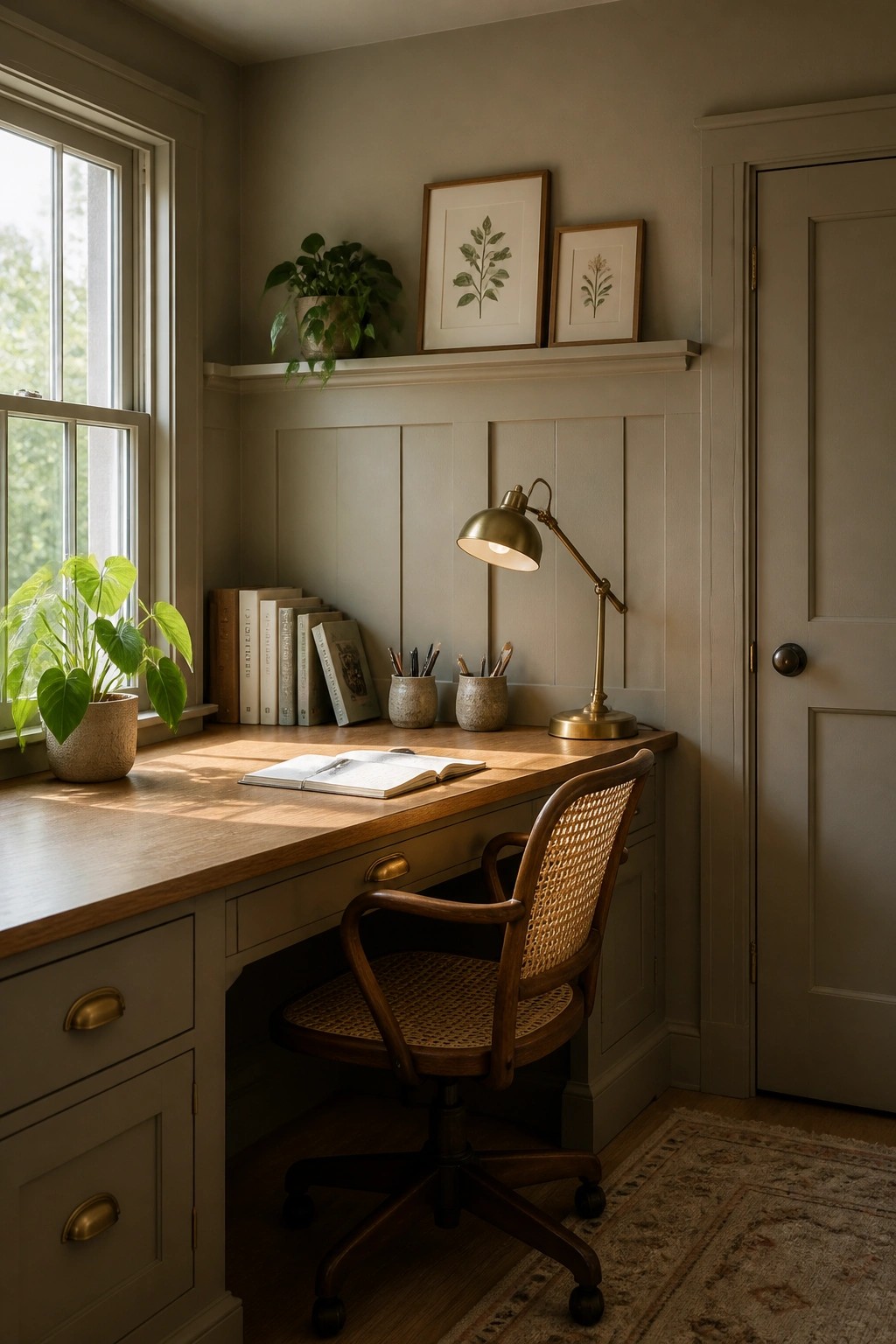 A home office corner with soft greige walls and a wooden desk.
