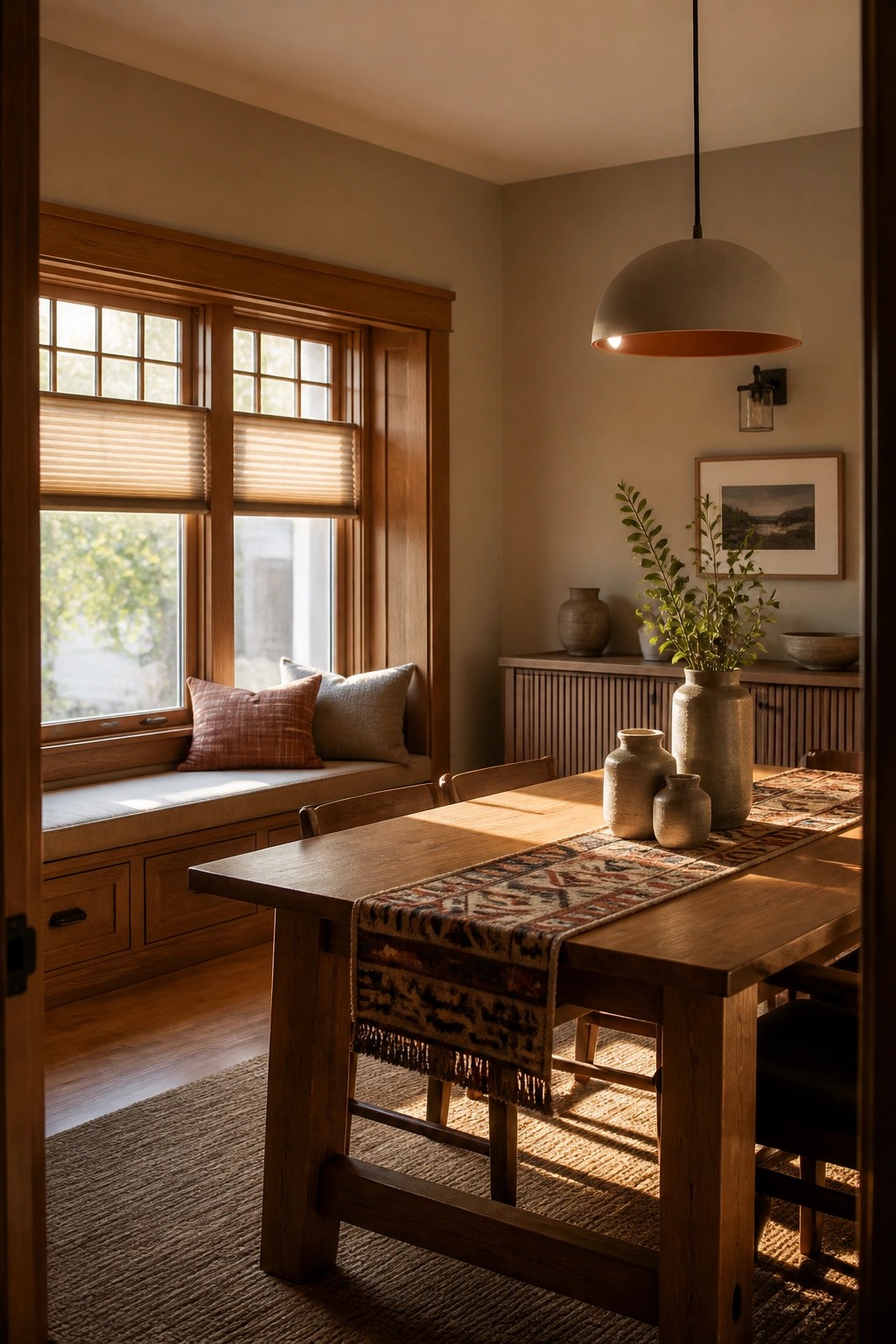 A dining room with warm greige walls, a wooden table, and a window seat.