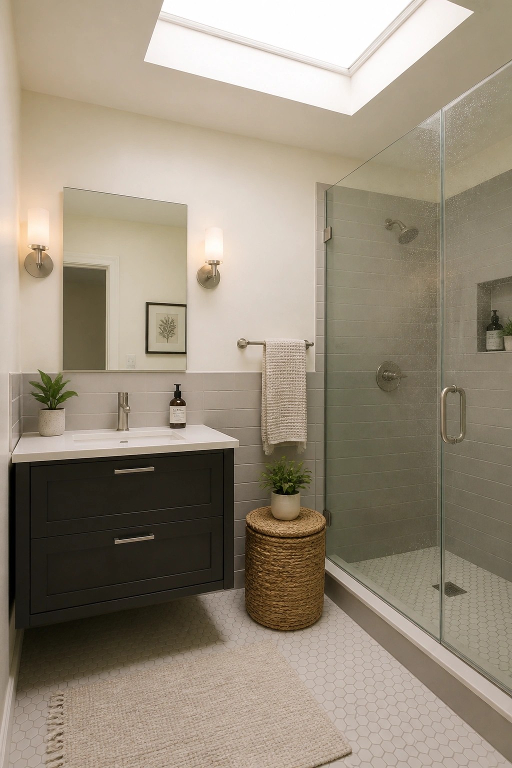 Modern bathroom with dark vanity, skylight, glass shower, and hexagonal tile floor