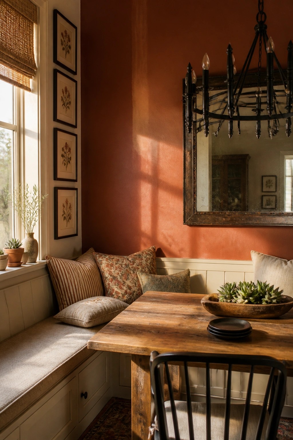 Warm terracotta walls in a dining nook with white wainscoting and a wooden table.