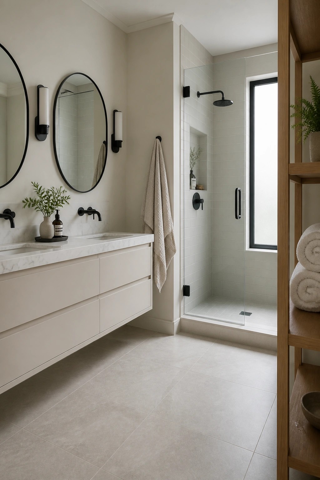 Modern bathroom with floating white vanity, round mirrors, and glass shower.