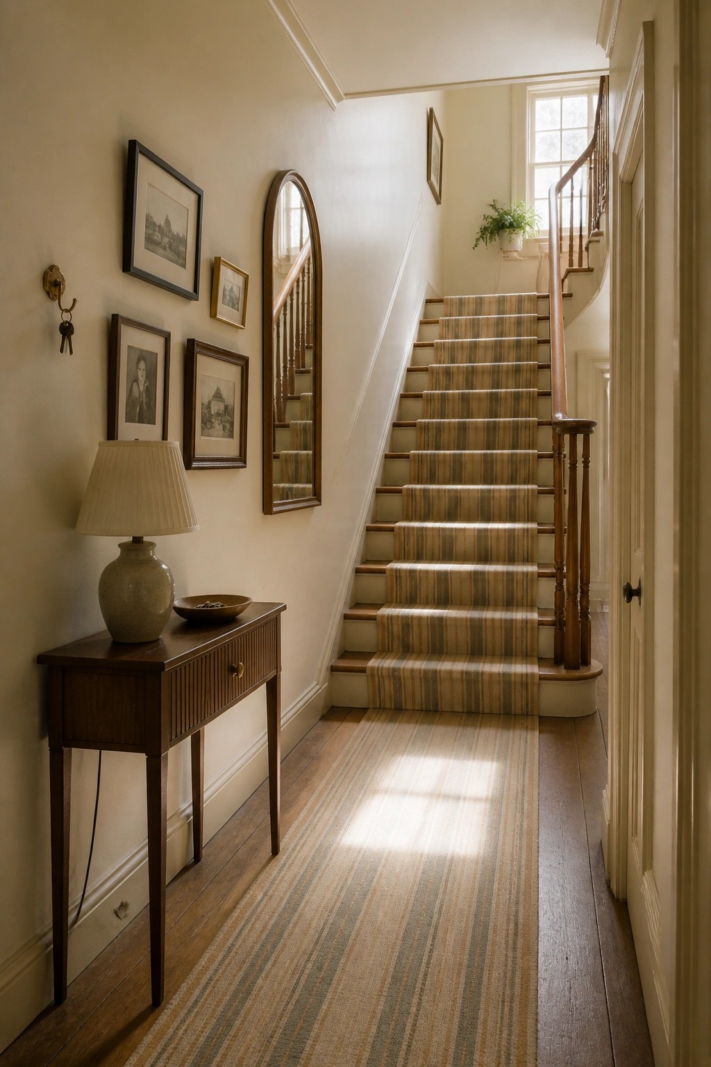 Sunlit hallway with striped staircase runner, console table, mirror, and framed art