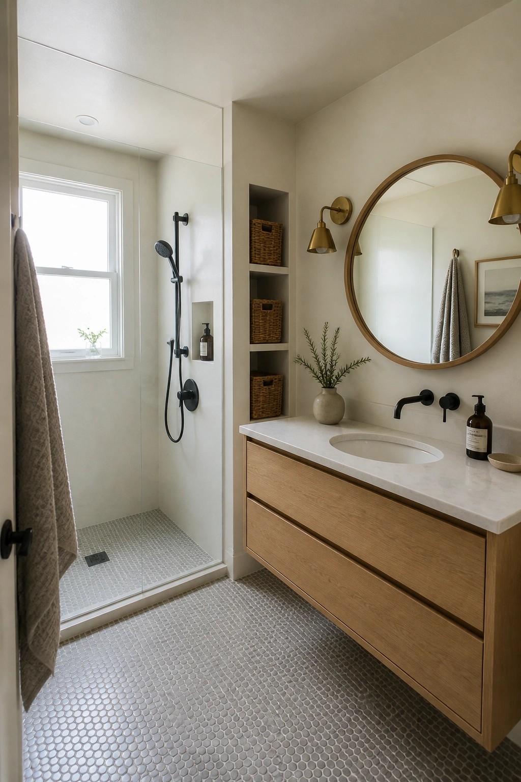 Bathroom walls painted in a soft creamy white.