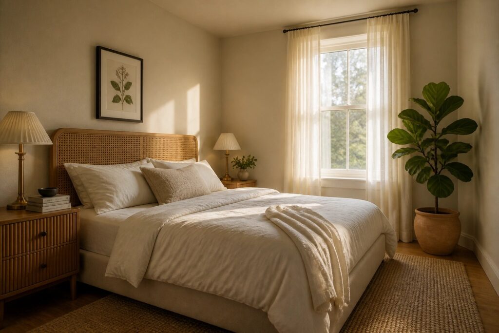 21 Soft Creamy Neutral Paint Colors to Brighten Dark Rooms Without Looking Stark Bedroom with soft warm beige walls and natural wood furniture.