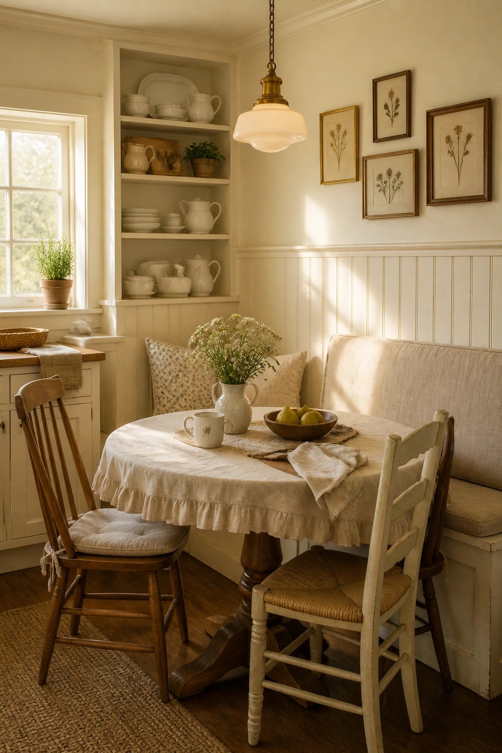 Creamy neutral walls brighten a dining nook with wood furniture and built-in shelves.