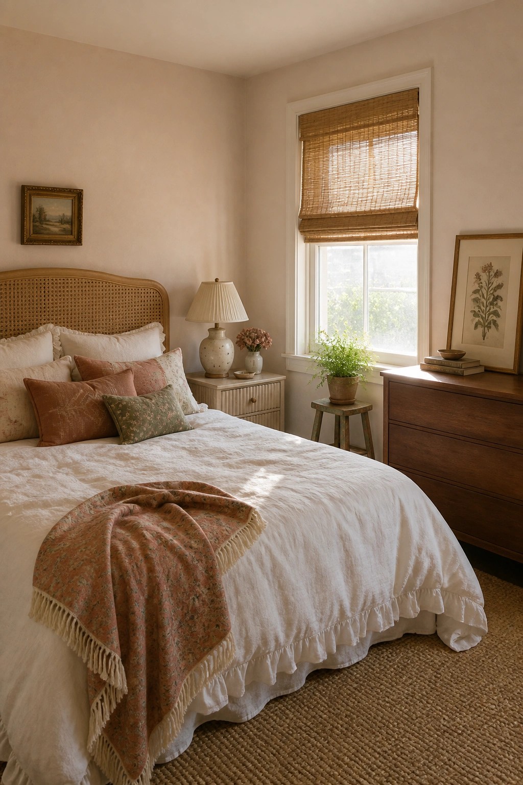 Bedroom walls painted in a soft creamy neutral color.