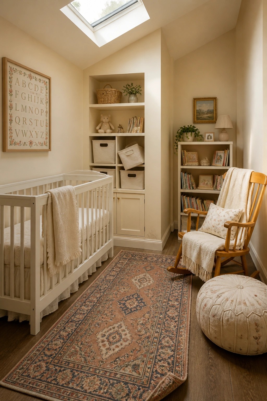 Pale creamy neutral walls in a small bedroom with built-in shelves and wood flooring.