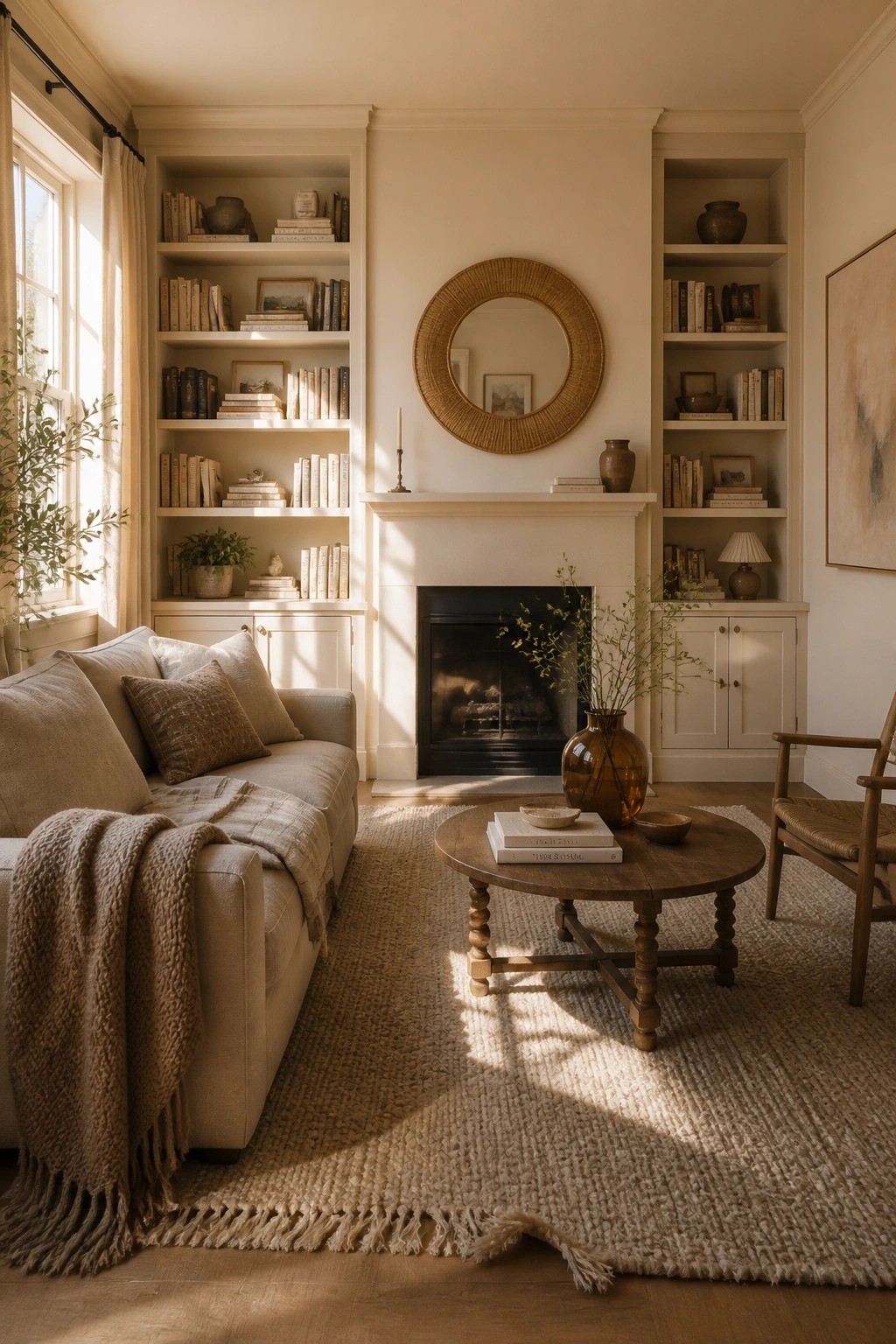 Creamy neutral paint on walls and built-in bookshelves around a fireplace.