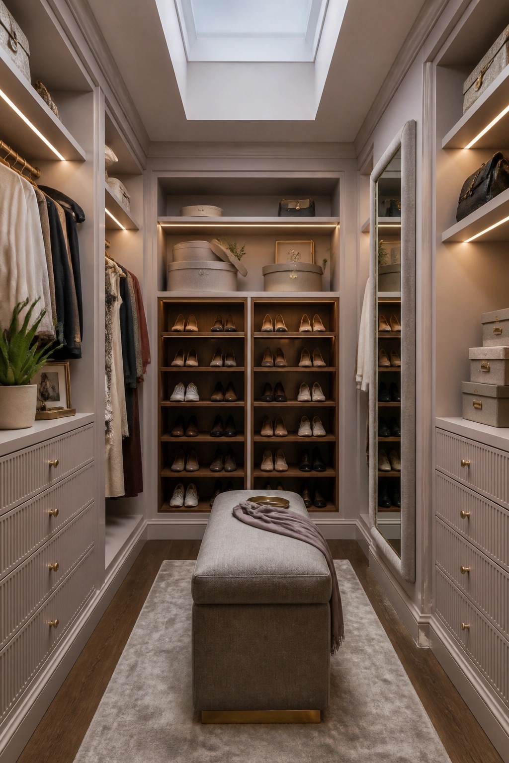 A walk-in closet with soft greige walls, built-in wooden shelves, and a central bench.