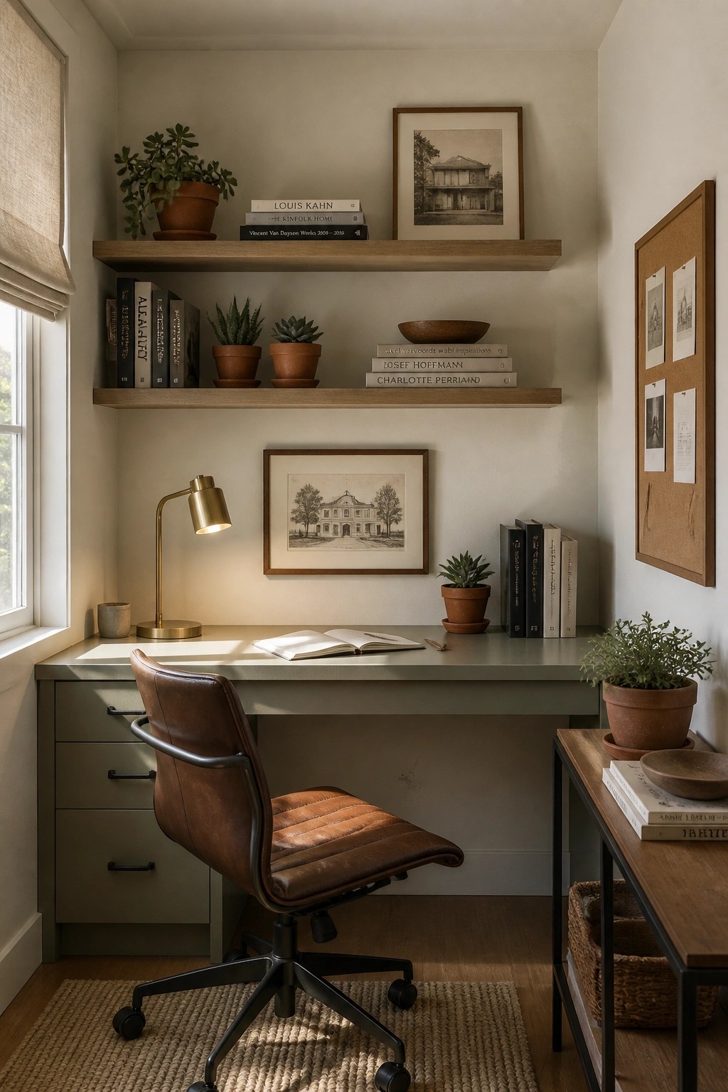 A home office with soft greige walls and a wooden desk.