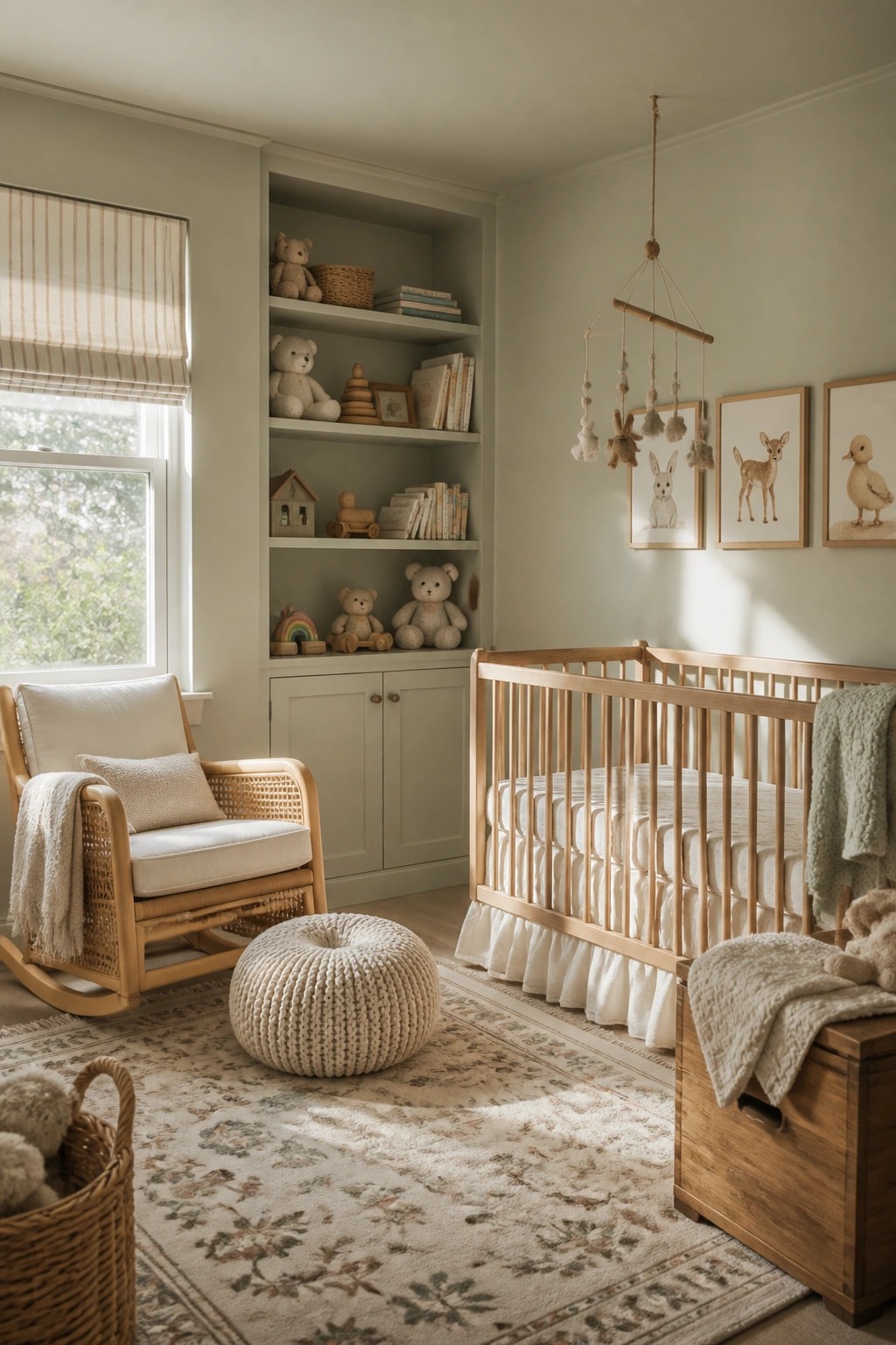 Soft greige walls and built-in shelves in a light-filled nursery.