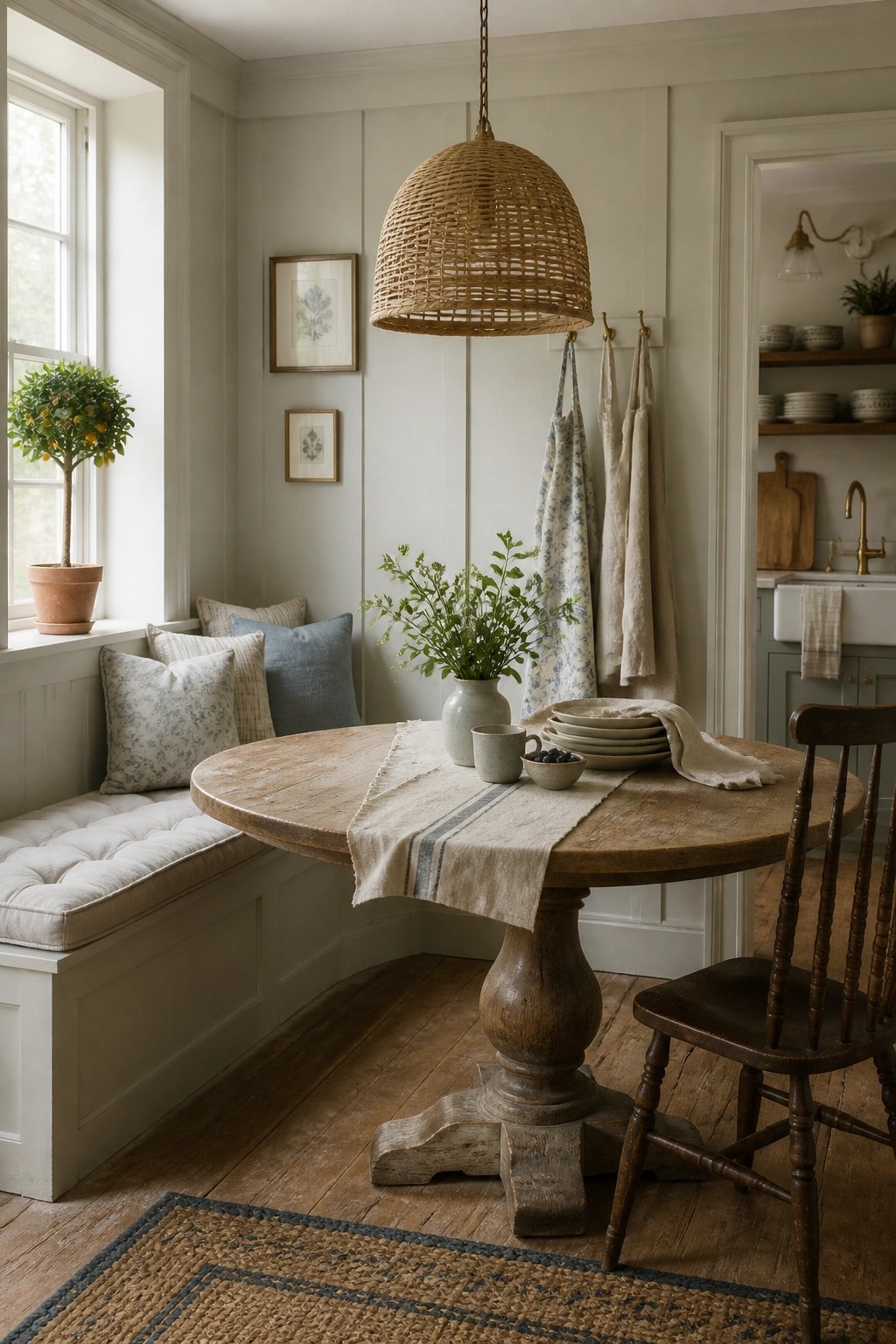 Soft greige walls surround a wooden table and built-in bench in a bright corner room.