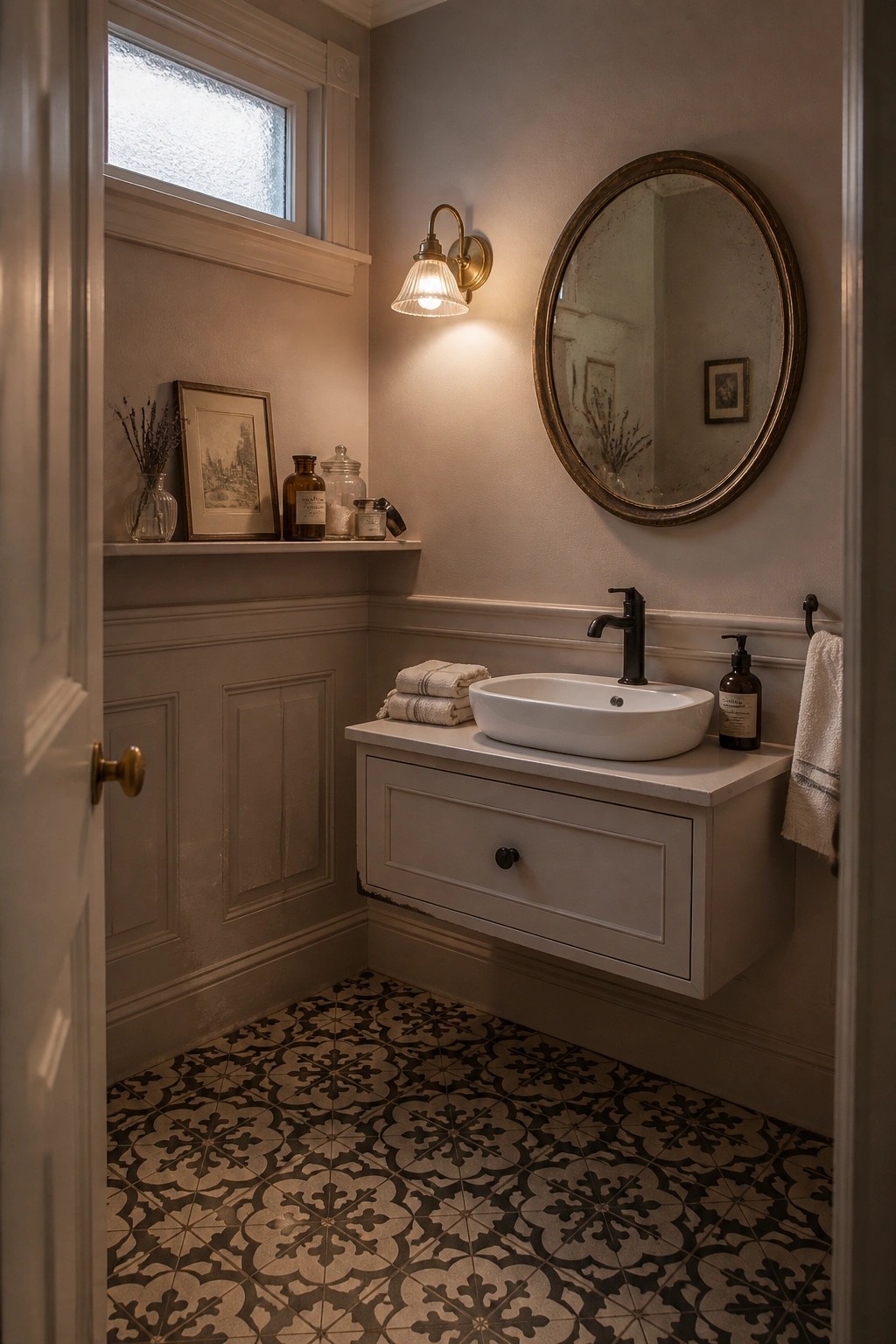 A small bathroom with soft greige walls and white wainscoting.