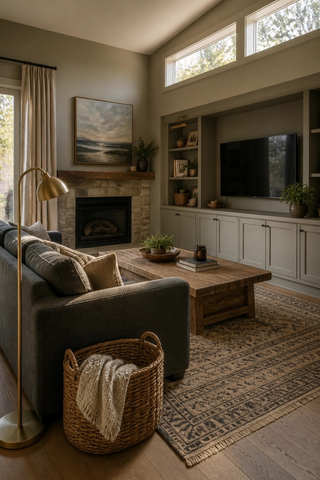 Living room with soft greige walls and a stone fireplace.