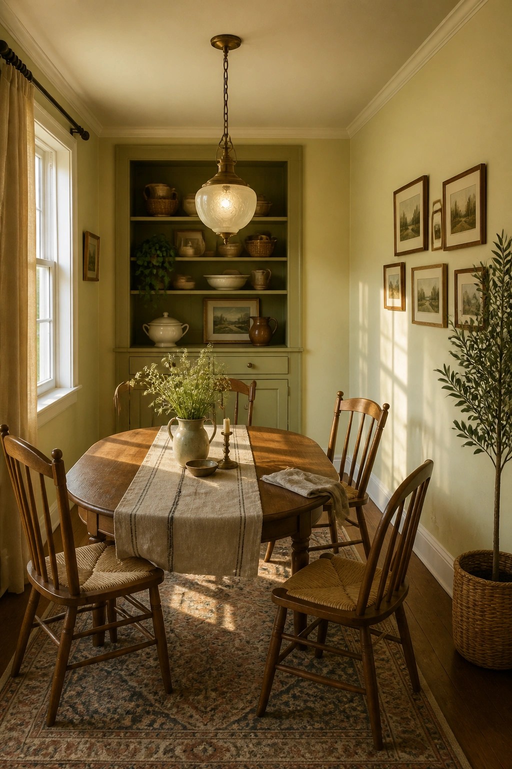 Dining room with soft sage green walls and a wooden table.