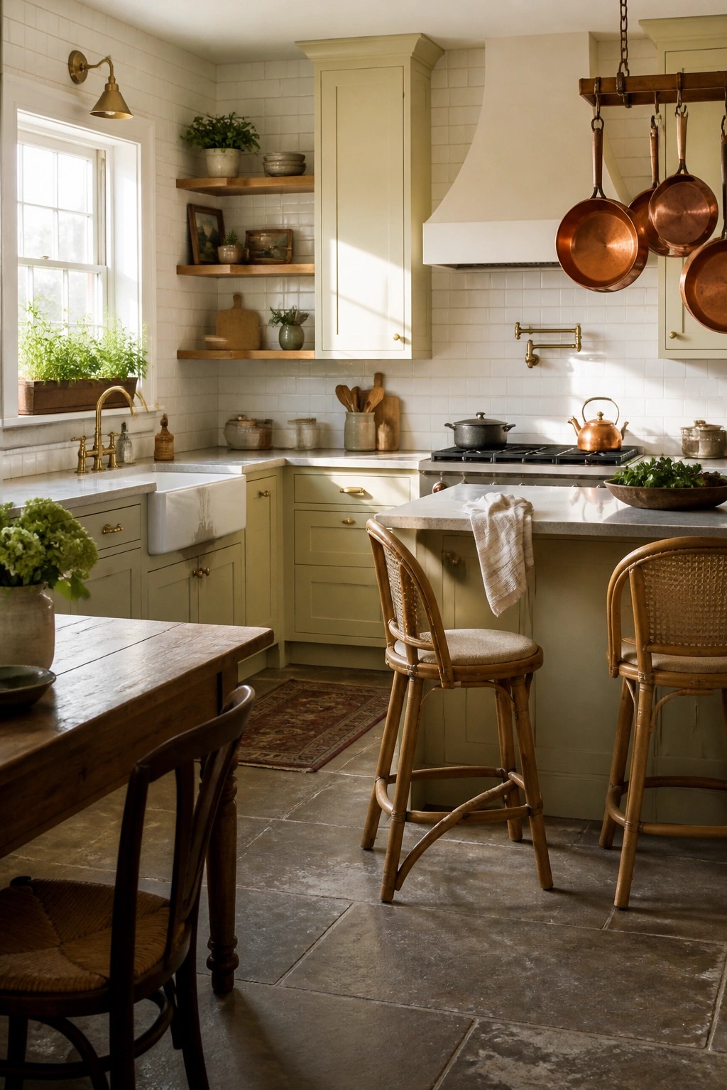 Rustic kitchen with sage cabinets, copper pots, cane stools, and white tiles.