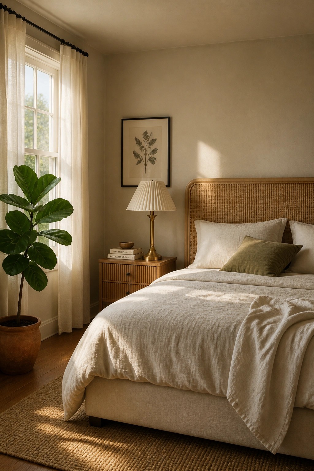 Bedroom with soft warm beige walls and natural wood furniture.