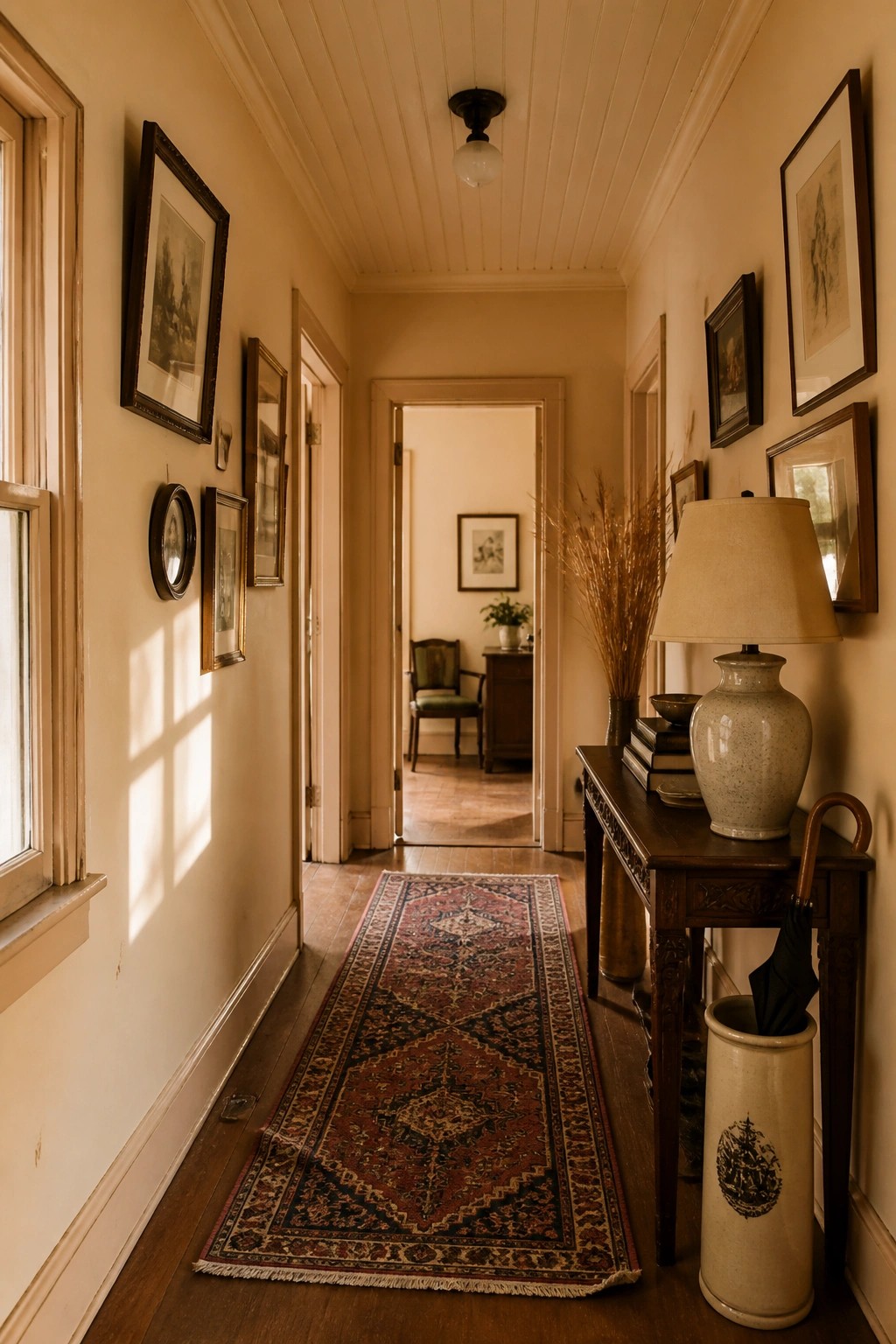 A hallway with warm creamy walls, wood floors, and a long runner rug.