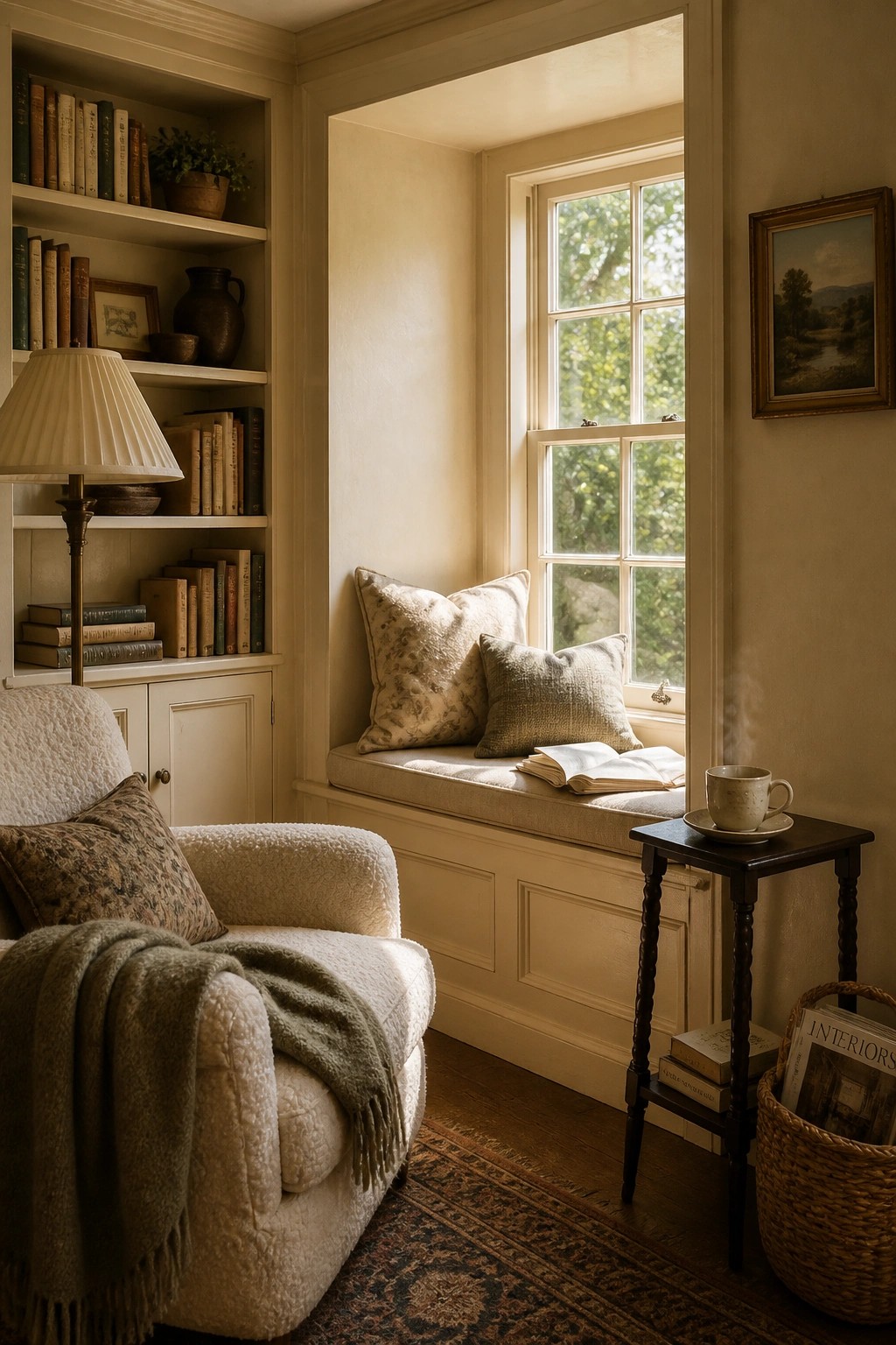 Warm creamy neutral walls in a cozy reading nook with a window seat.