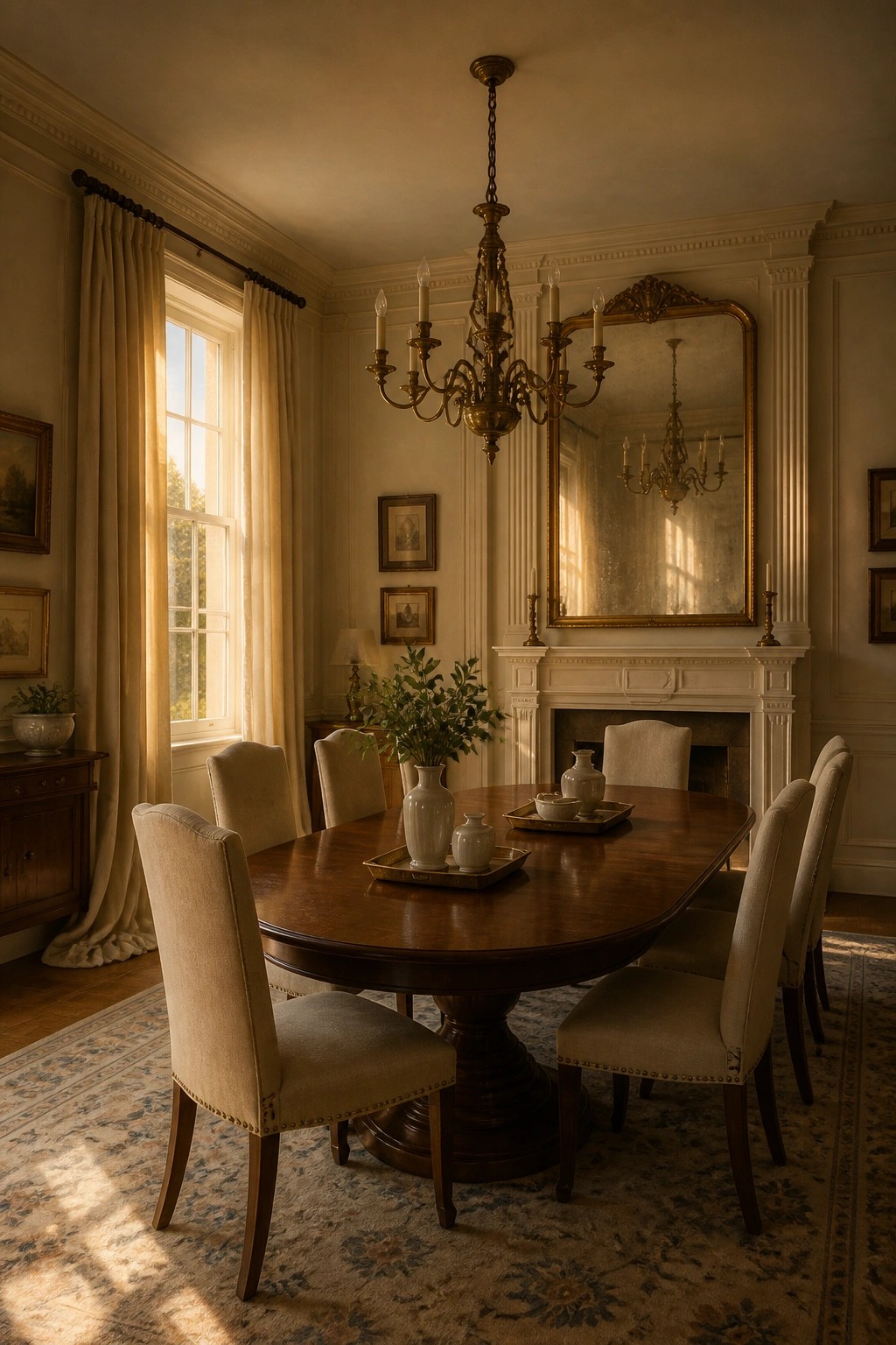 Creamy neutral walls in a dining room with a dark wood table.