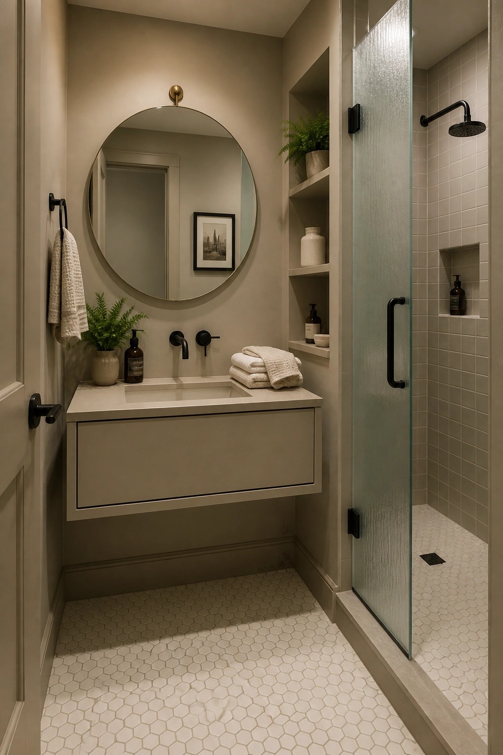 Bathroom walls painted in a soft warm greige neutral.