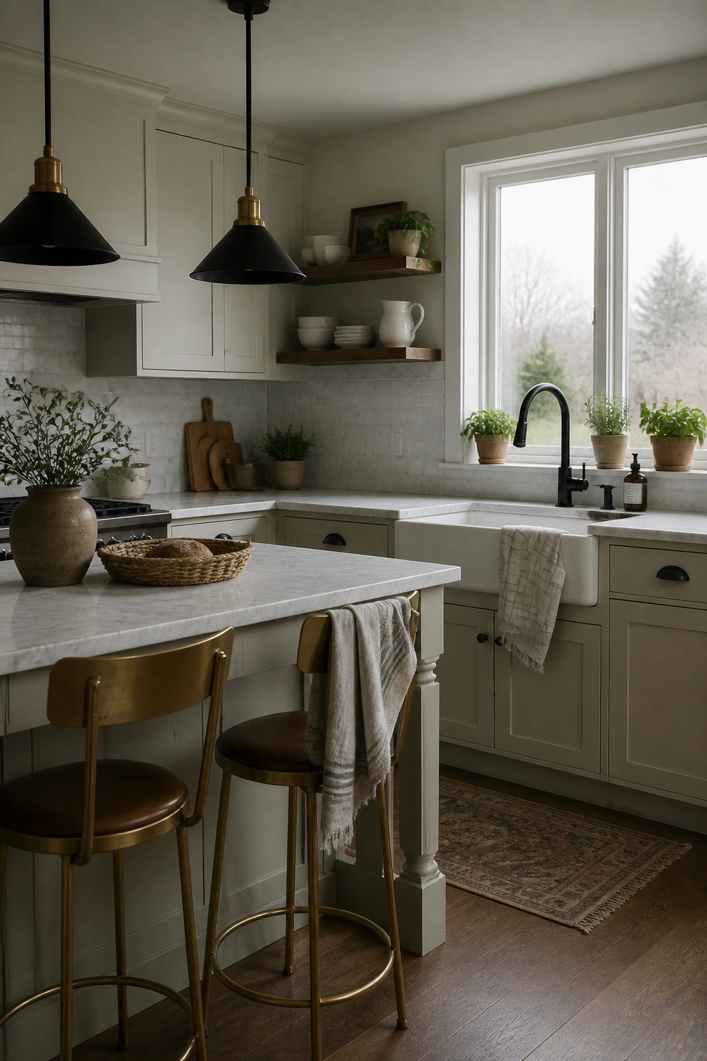 Kitchen with warm greige cabinets and marble countertops.