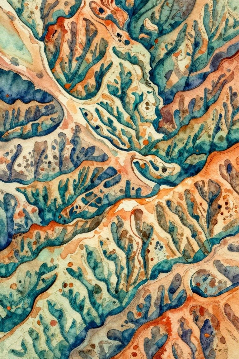 Abstract watercolor with swirling blue, teal, and orange coral-like patterns