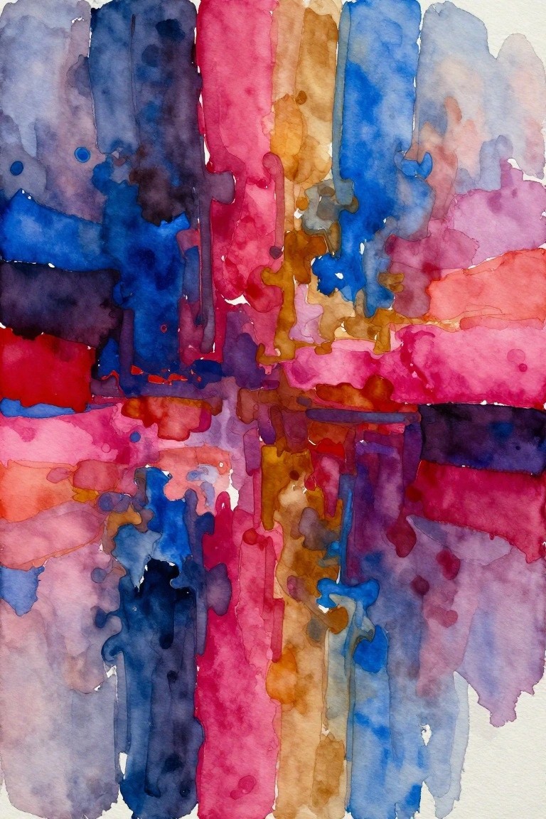 Abstract watercolor with overlapping vertical and horizontal washes in vibrant blues, pinks, reds, and oranges.