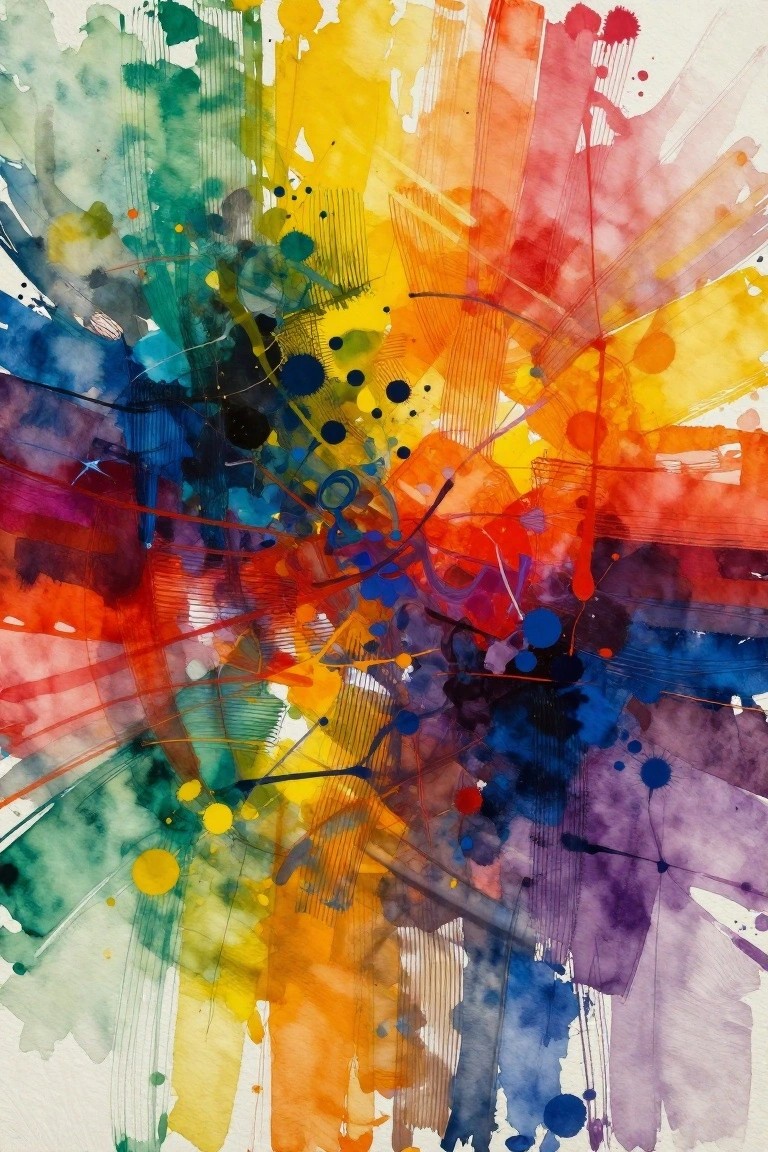 Abstract watercolor explosion with vibrant splashes, drips, lines, and dots in rainbow hues
