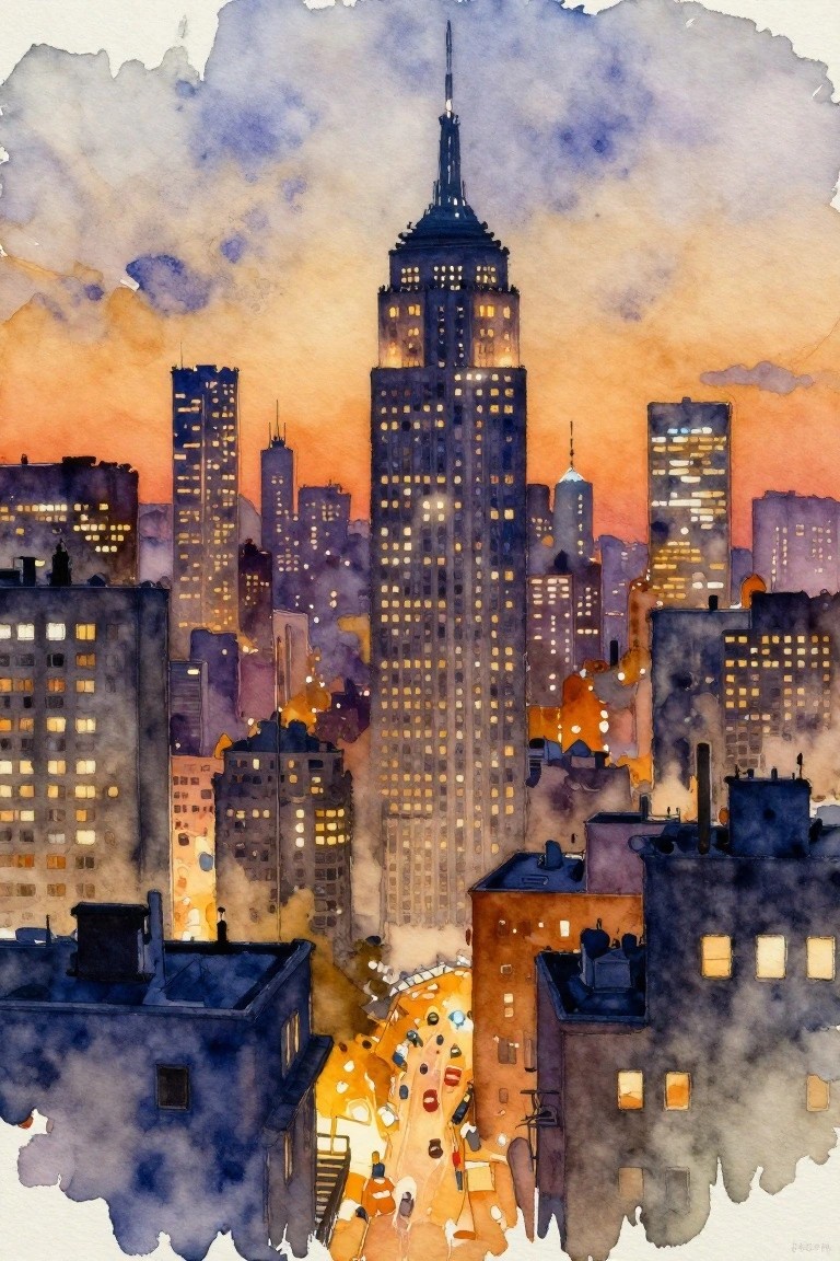 A watercolor cityscape at sunset showing the Empire State Building with lit windows surrounded by other skyscrapers under an orange and purple sky.