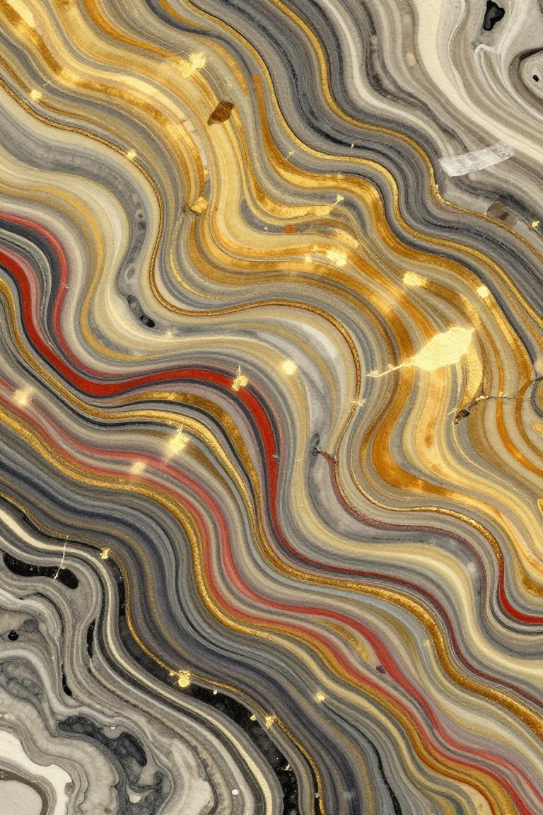 Abstract painting with swirling layers of gray, gold, red, and black in a marble pattern.