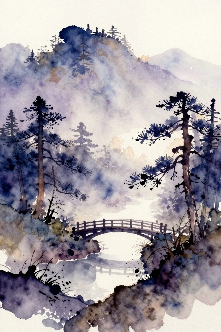 Watercolor landscape of misty mountains, pine trees, and arched bridge in fog
