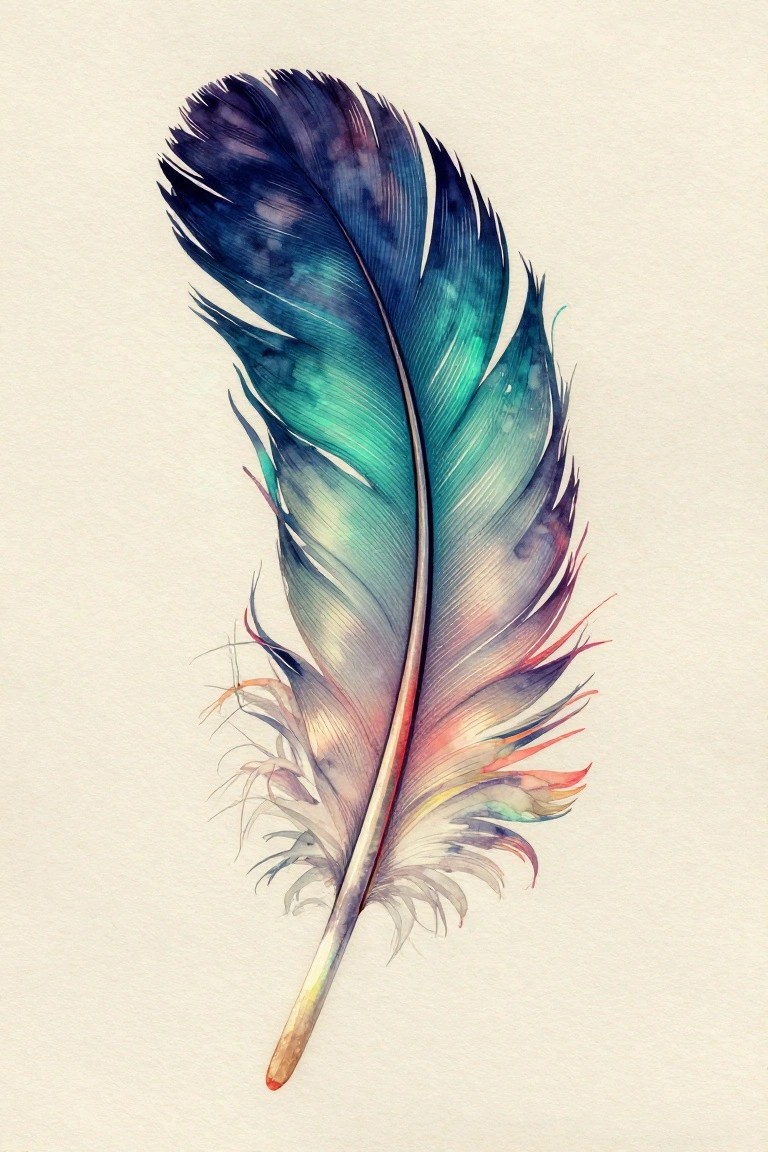 Vibrant watercolor feather in blue, teal, and purple hues with orange accents