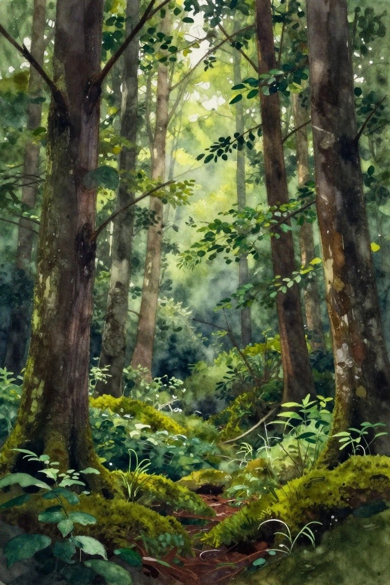 Watercolor forest scene with tall trees, sunlight rays, and mossy green undergrowth
