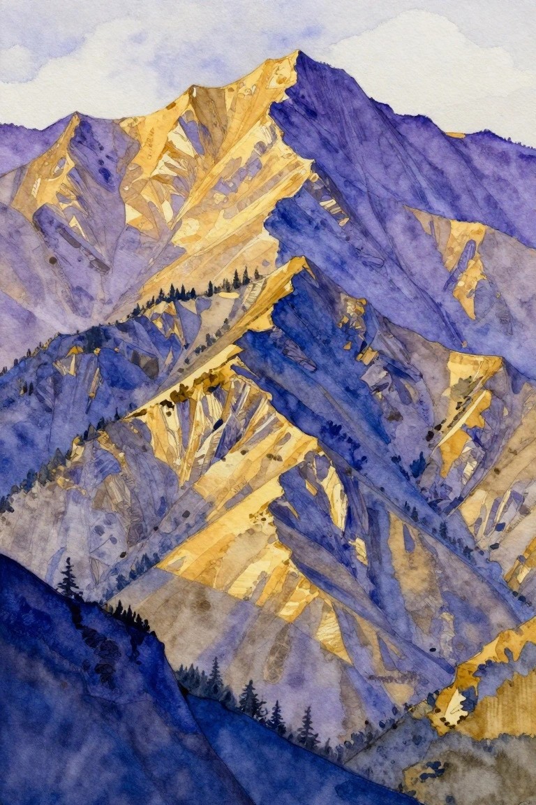 Watercolor mountains with purple shadows and golden sunlit ridges dotted with trees