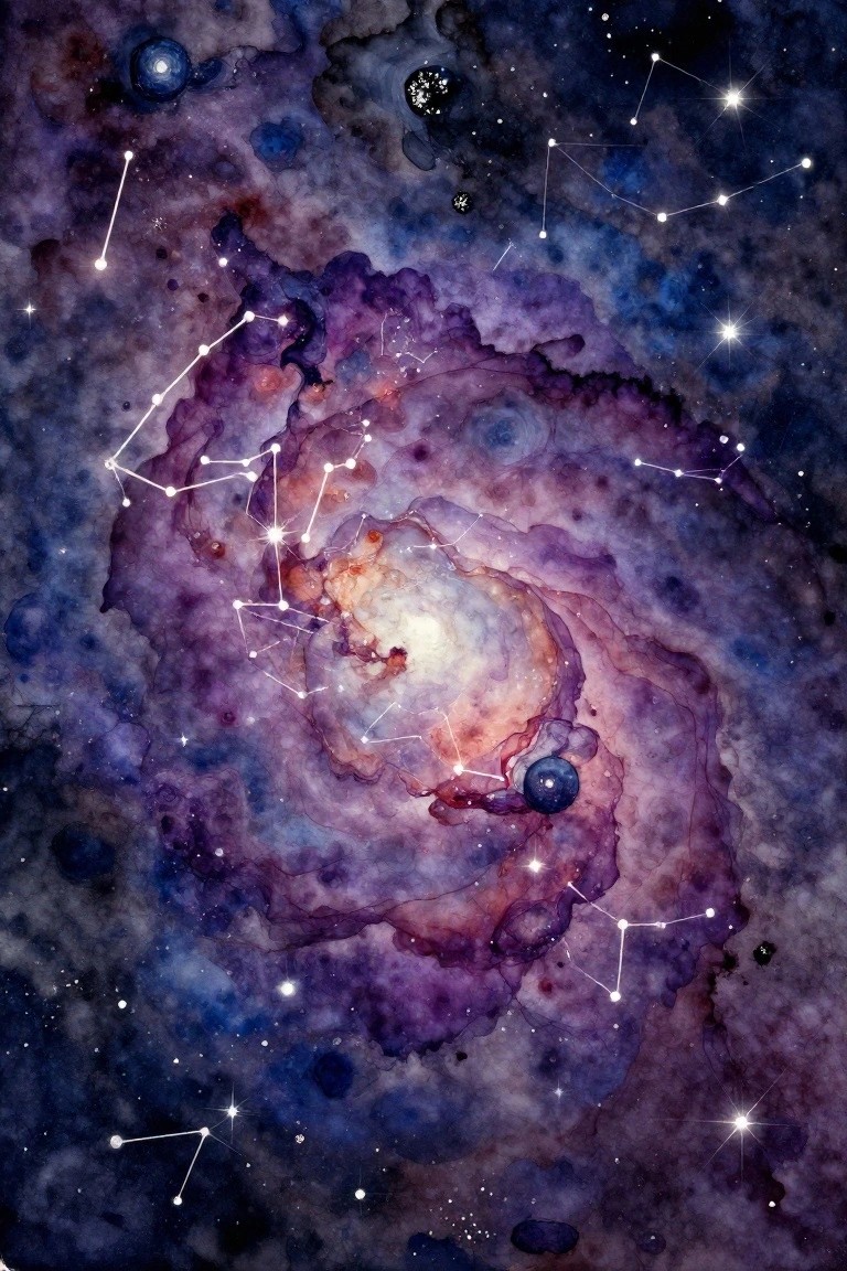 Colorful spiral nebula with overlaid constellation lines and glowing stars in watercolor style